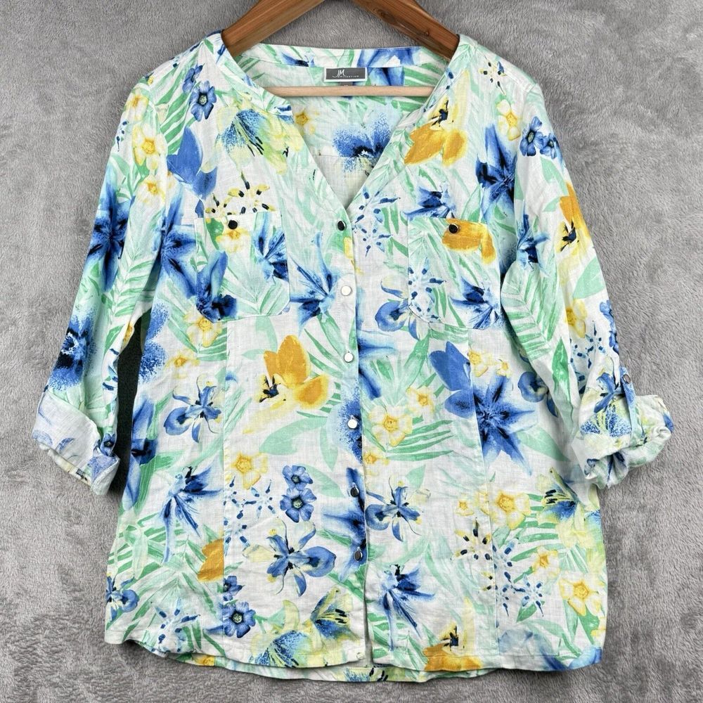 JM Collection Floral Blouse Womens Sz 16 Linen V-Neck Tab Sleeve Spring Summer